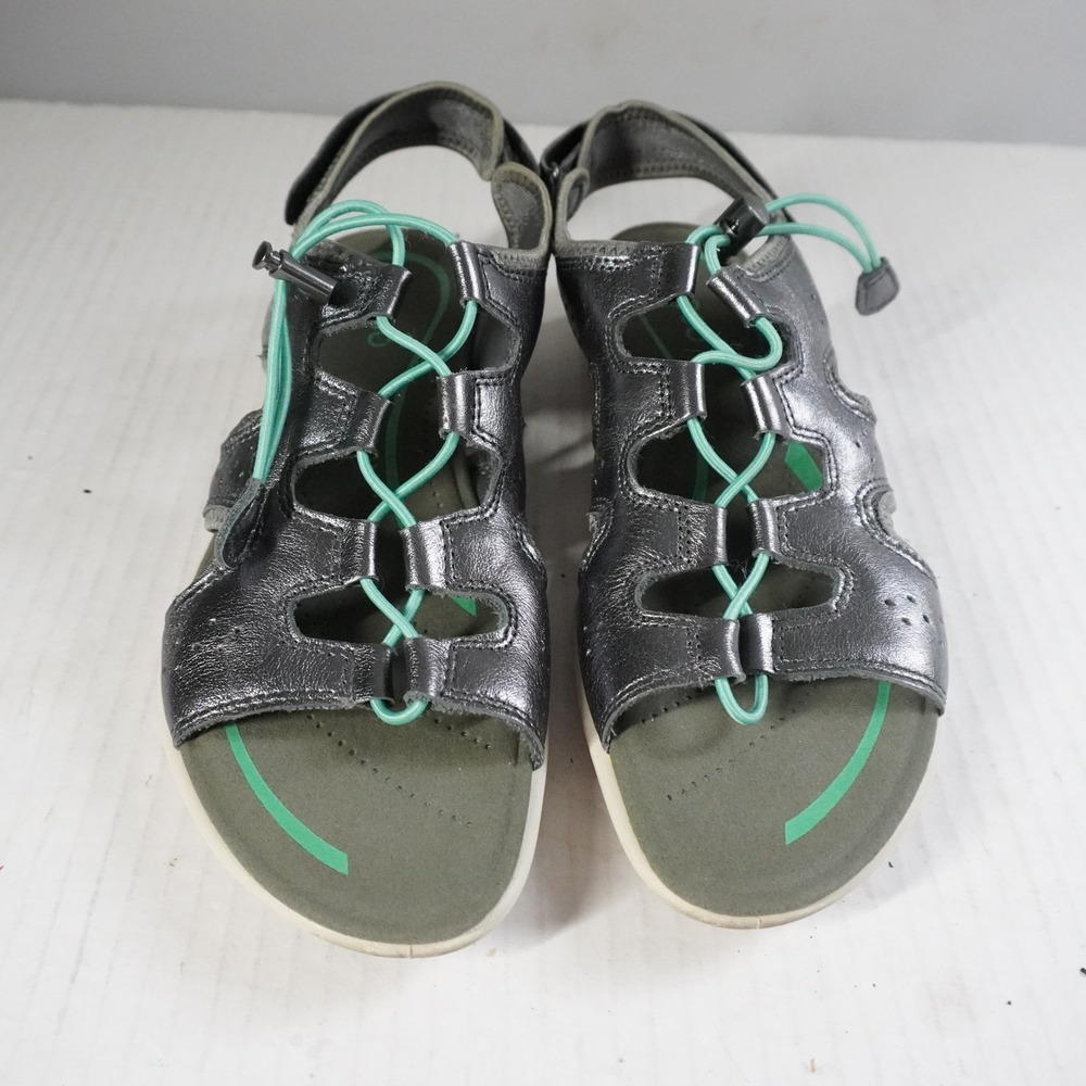 Ecco Women's Bluma Sandal Size 41 9.5 Bungee Lace Slingback Silver Leather Flat